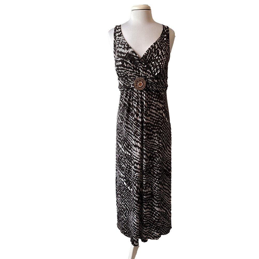 Y2K V Neck Black White Abstract Embellished Maxi Dress 14W Beaded Boho Festival